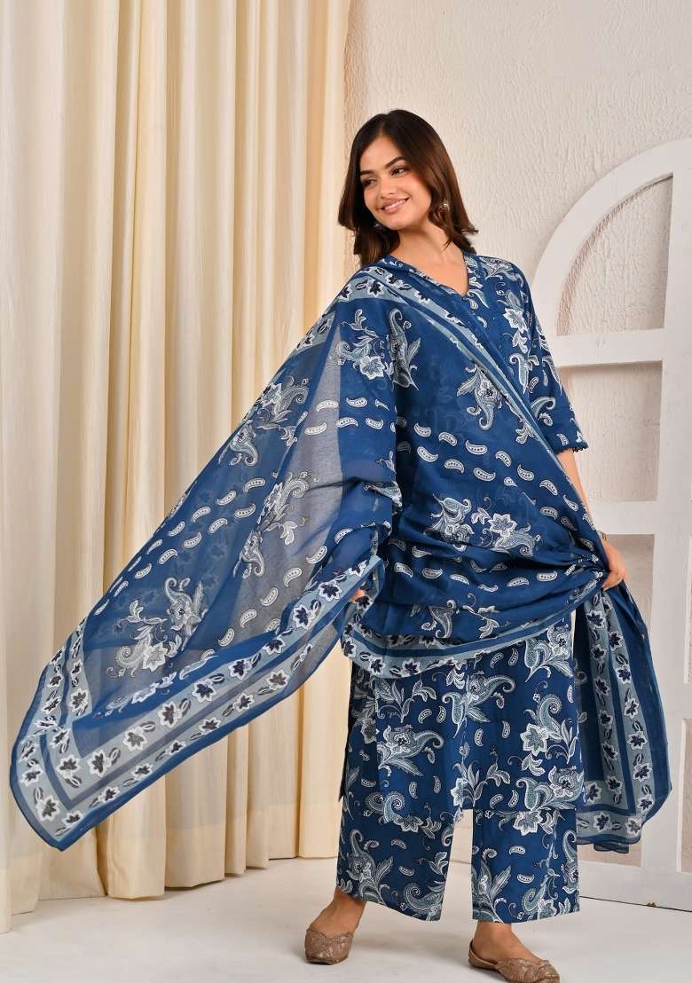 Blue Printed Cotton Kurta Set - Indya