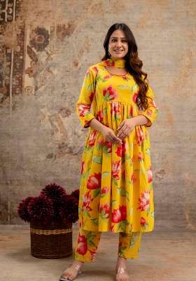 Yellow Printed Cotton Kurta Set