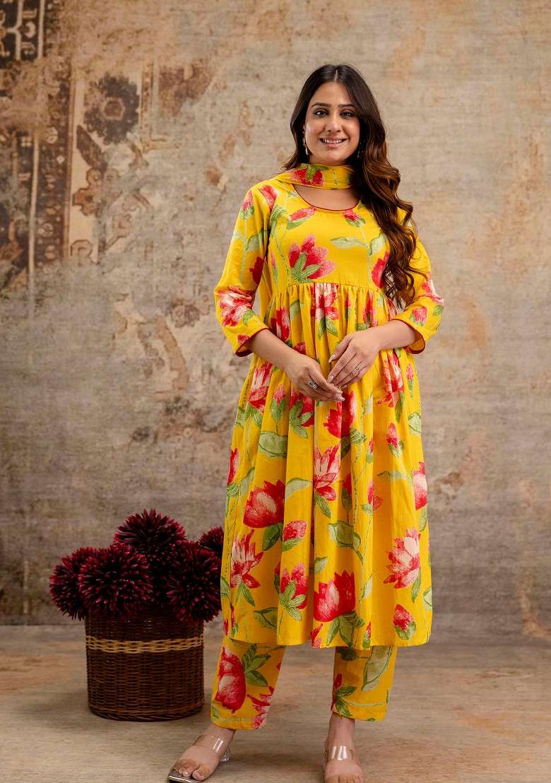 Yellow Printed Cotton Kurta Set - Indya
