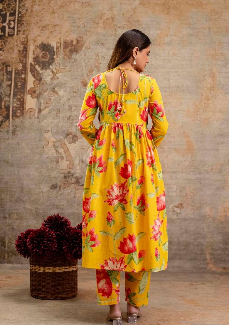 Yellow Printed Cotton Kurta Set - Indya