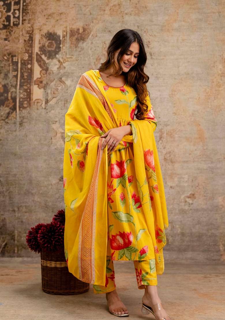 Yellow Printed Cotton Kurta Set - Indya