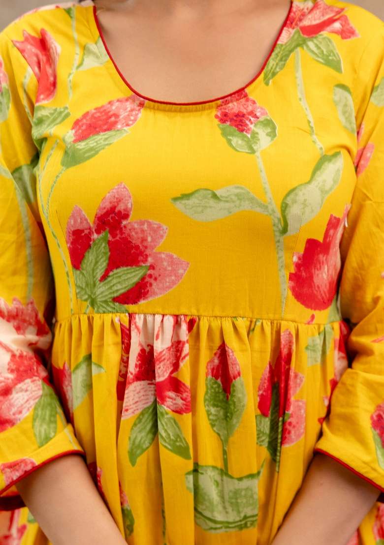 Yellow Printed Cotton Kurta Set - Indya
