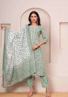 Green Printed Cotton Kurta Set