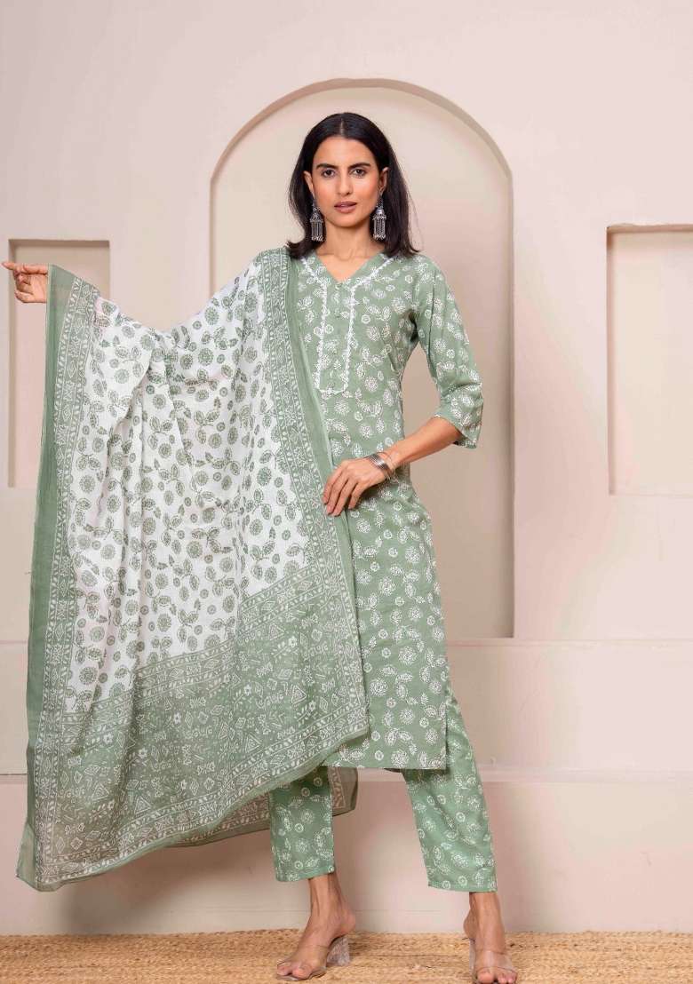 Green Printed Cotton Kurta Set - Indya