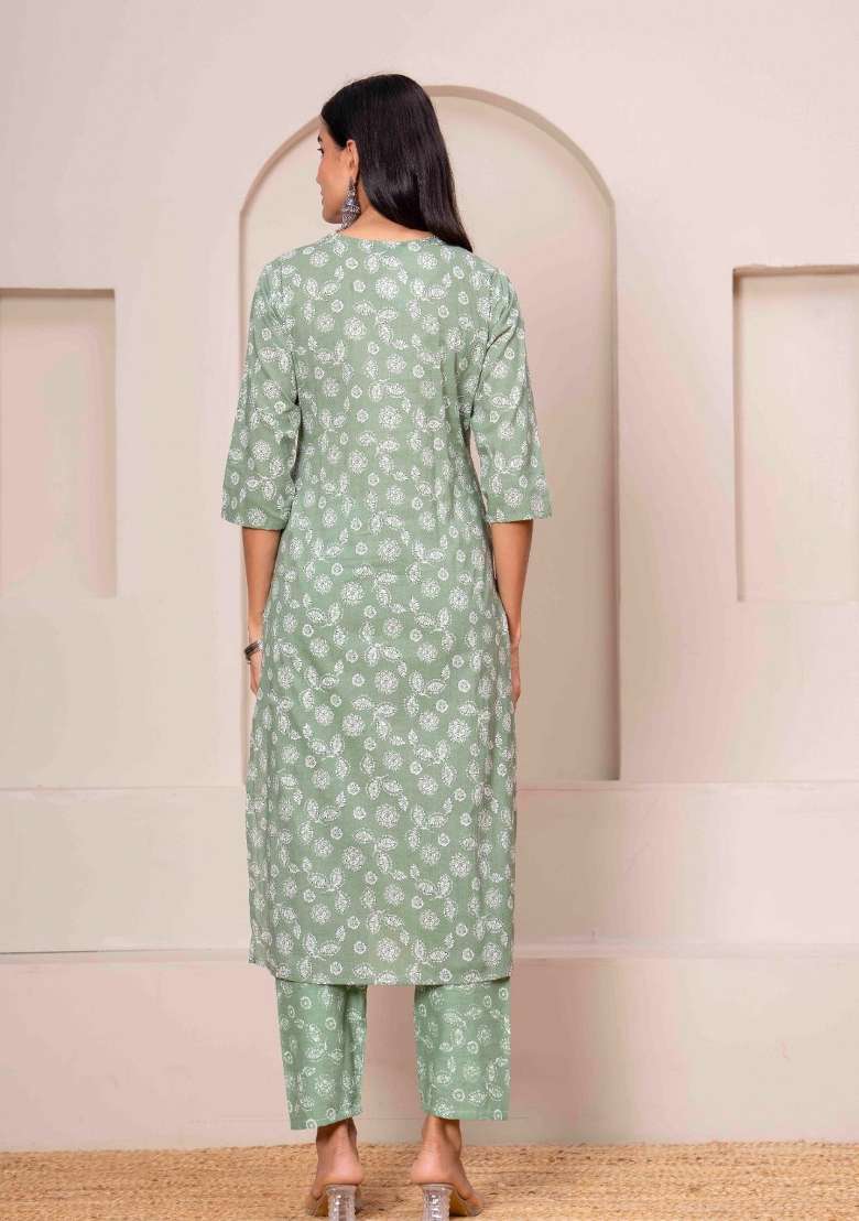 Green Printed Cotton Kurta Set - Indya
