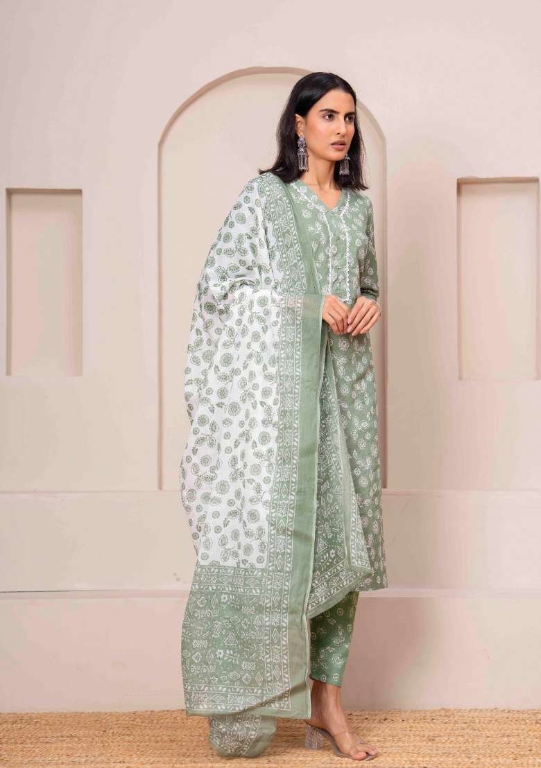 Green Printed Cotton Kurta Set - Indya