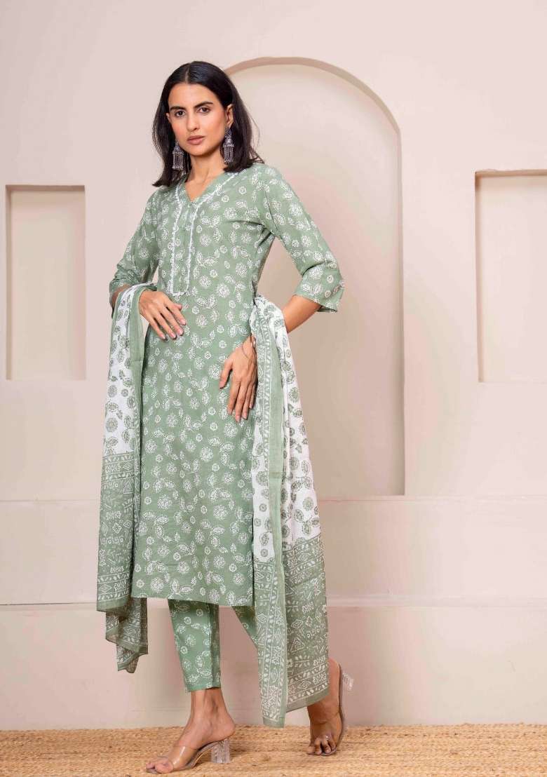 Green Printed Cotton Kurta Set - Indya
