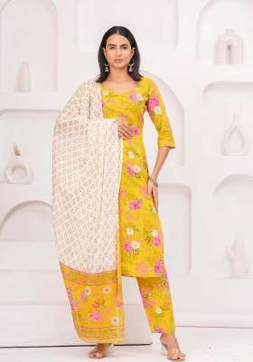 Yellow Printed Cotton Kurta Set