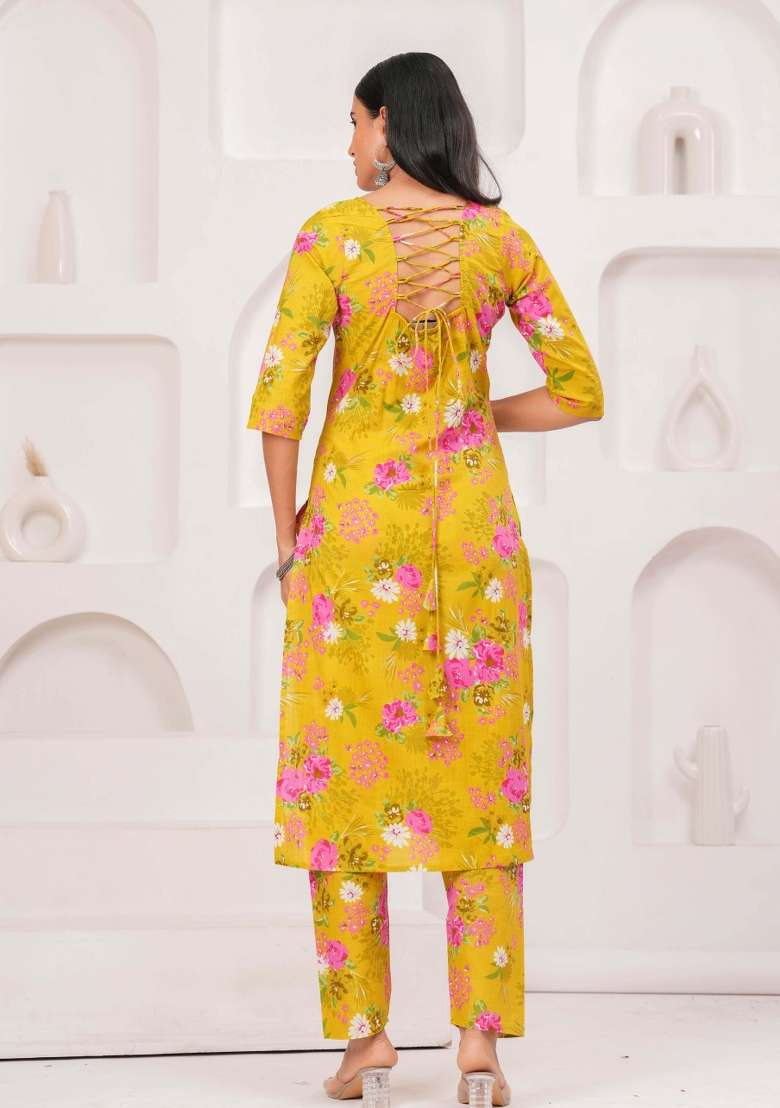 Yellow Printed Cotton Kurta Set - Indya