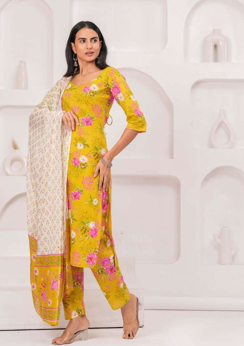 Yellow Printed Cotton Kurta Set - Indya