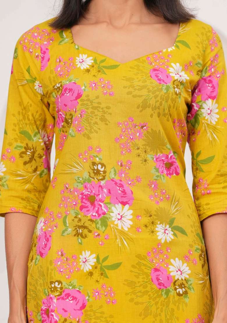 Yellow Printed Cotton Kurta Set - Indya