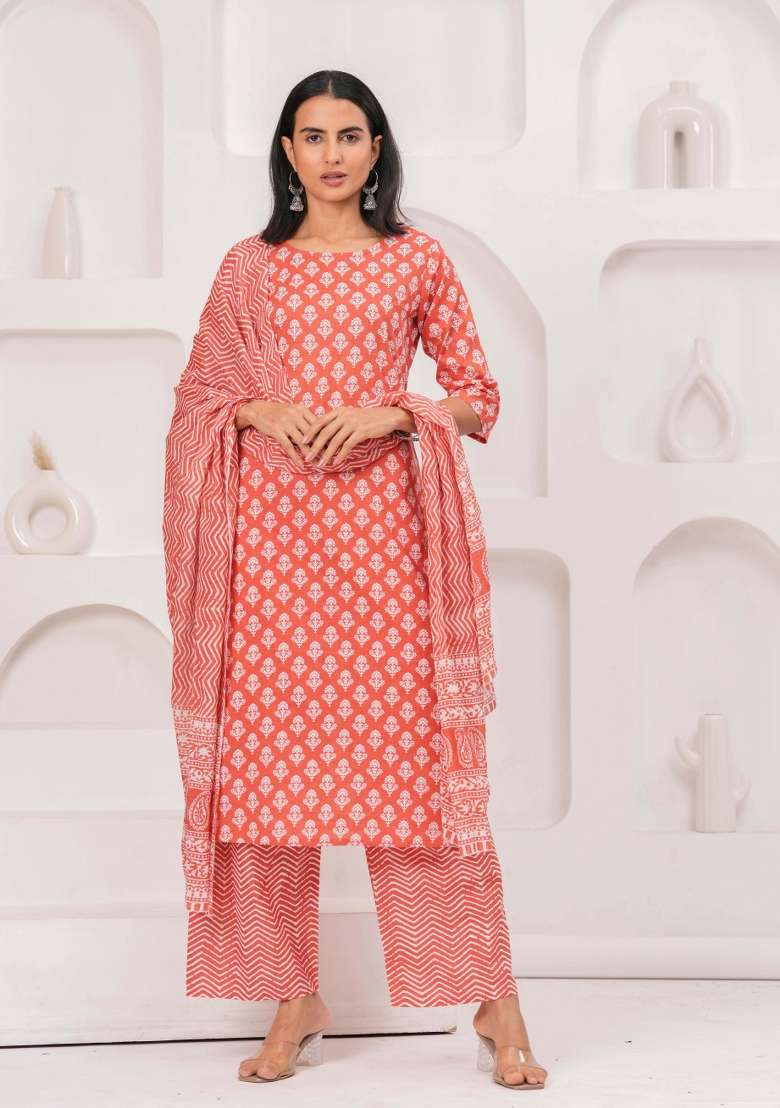 Pink Printed Cotton Kurta Set - Indya