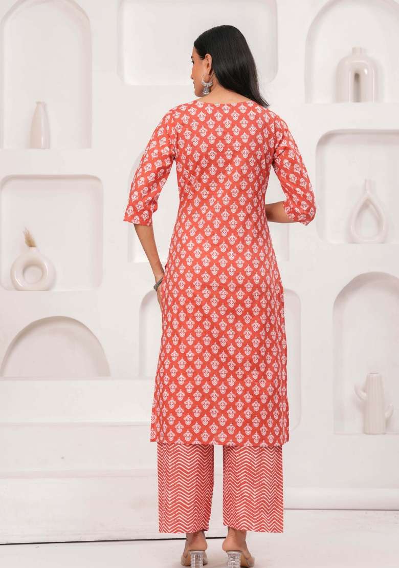 Pink Printed Cotton Kurta Set - Indya