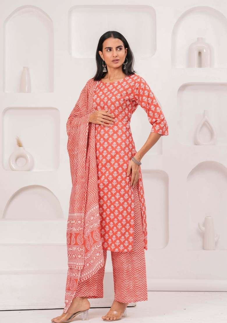 Pink Printed Cotton Kurta Set - Indya