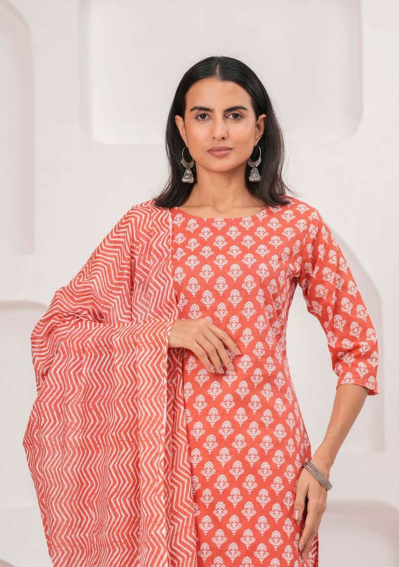 Pink Printed Cotton Kurta Set - Indya