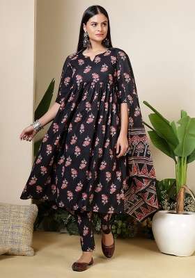 Black Printed Cotton Kurta Set
