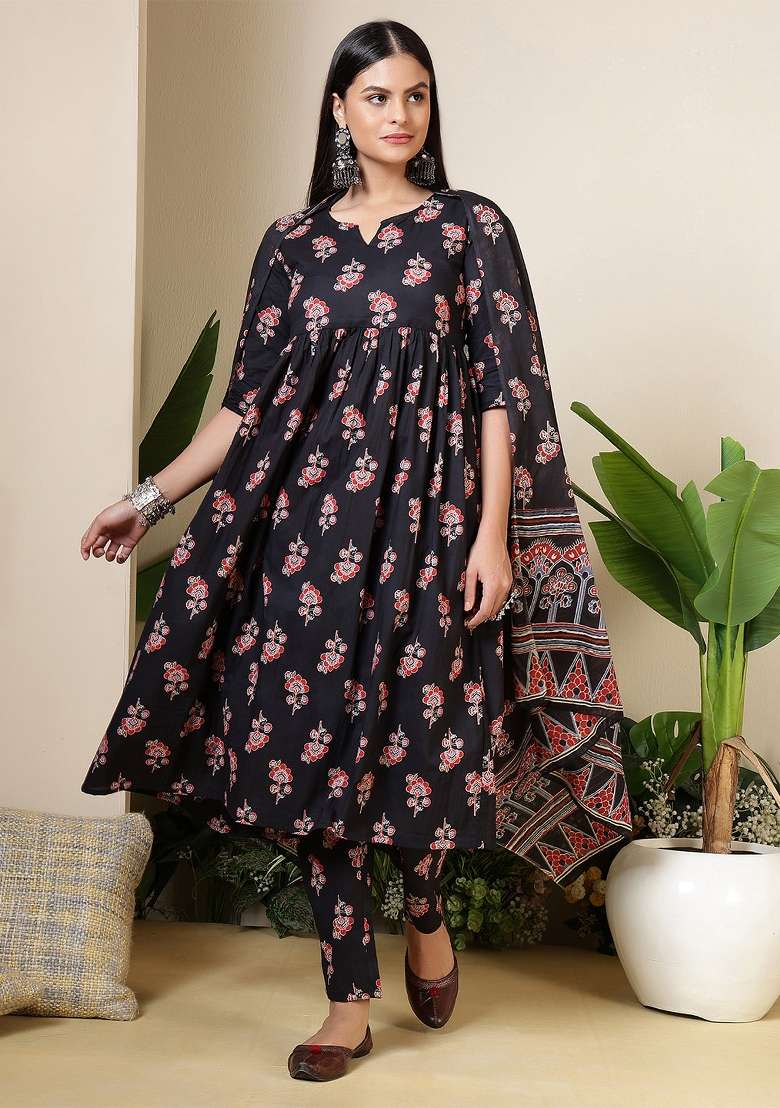 Black Printed Cotton Kurta Set - Indya