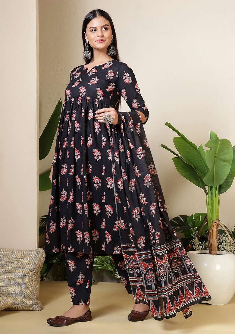 Black Printed Cotton Kurta Set - Indya