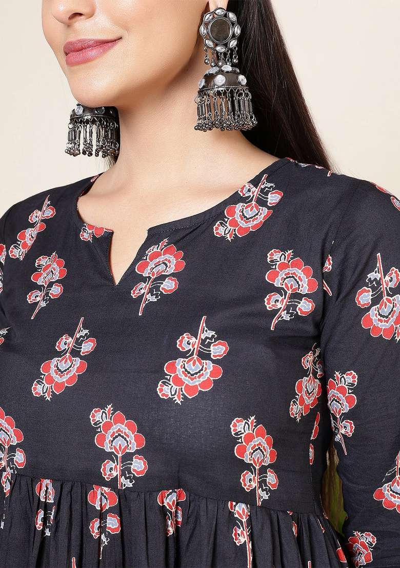 Black Printed Cotton Kurta Set - Indya