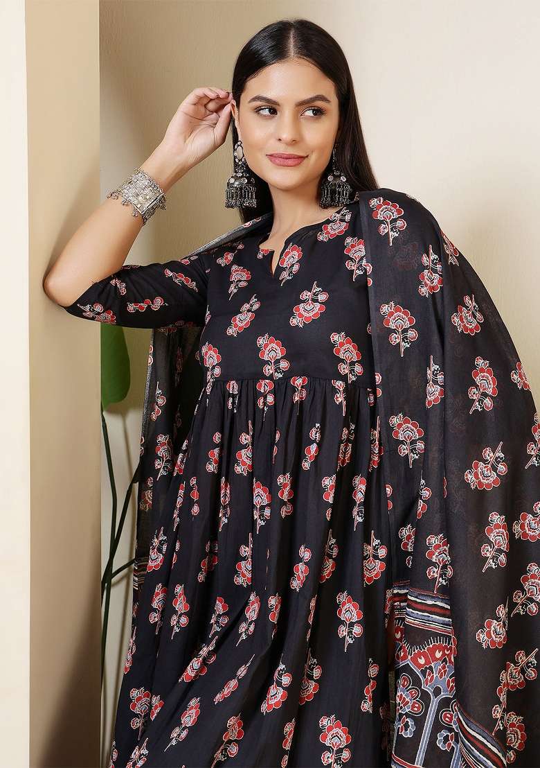 Black Printed Cotton Kurta Set - Indya