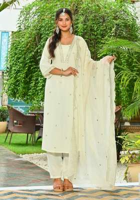 Off White Embroidered Viscose Kurta Set