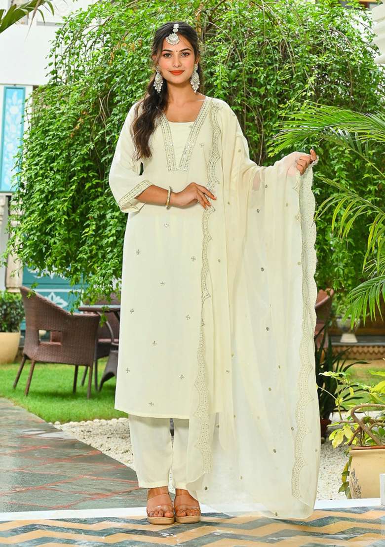Off White Embroidered Viscose Kurta Set - Indya
