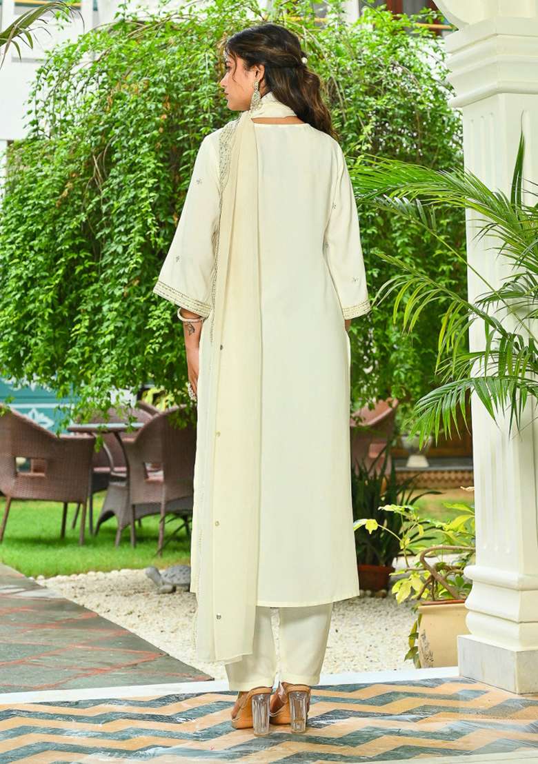 Off White Embroidered Viscose Kurta Set - Indya