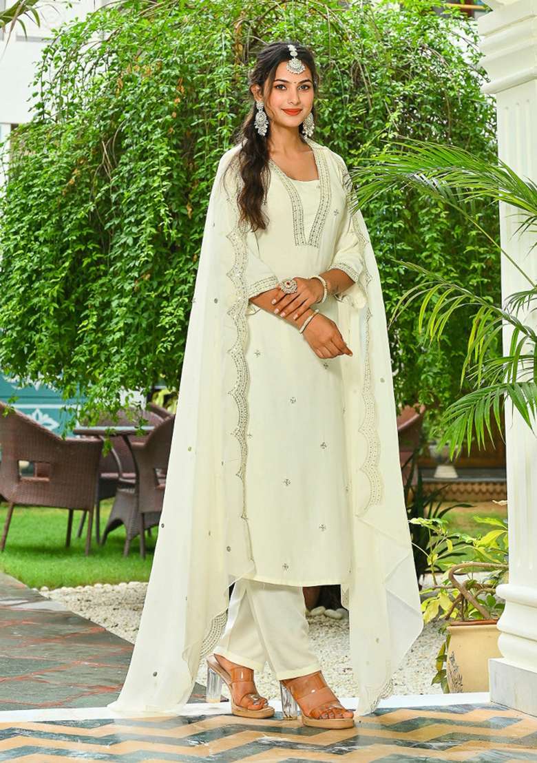 Off White Embroidered Viscose Kurta Set - Indya