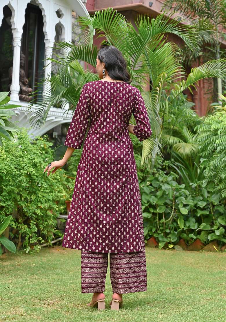 Burgundy Printed Cotton Kurta Set - Indya