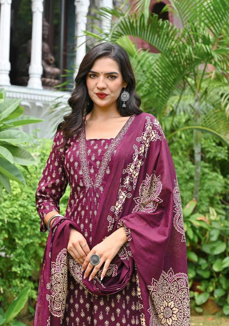 Burgundy Printed Cotton Kurta Set - Indya