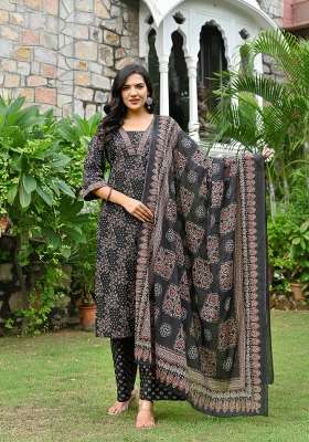 Black Printed Cotton Kurta Set