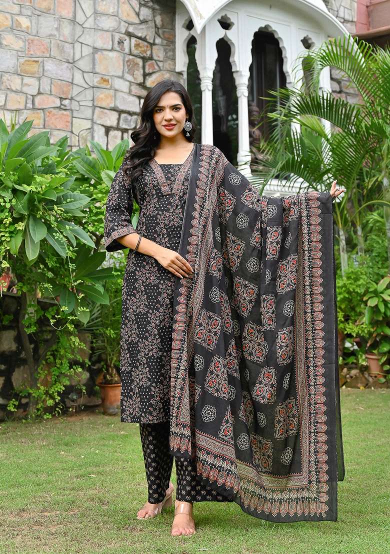Black Printed Cotton Kurta Set - Indya