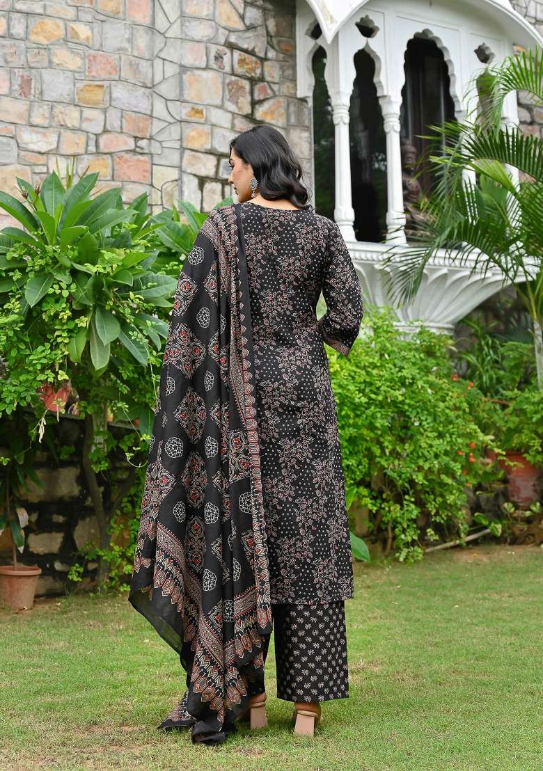 Black Printed Cotton Kurta Set - Indya