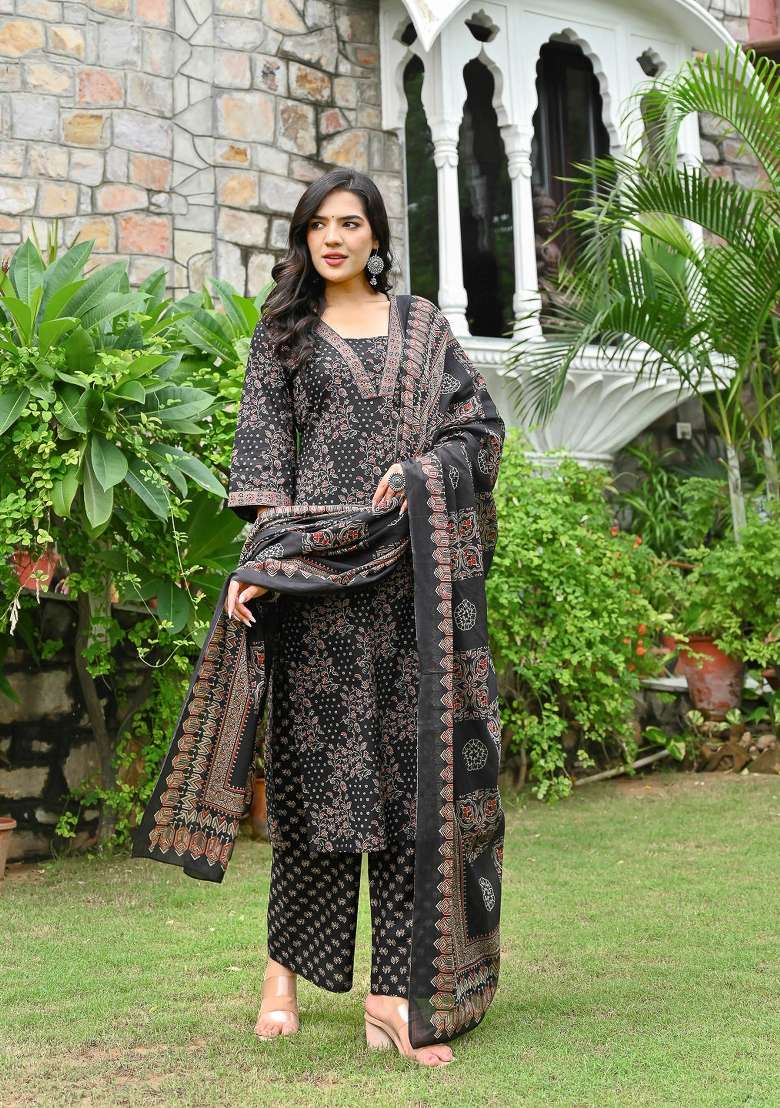 Black Printed Cotton Kurta Set - Indya