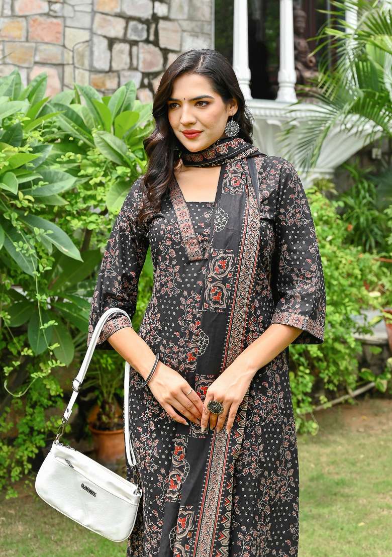 Black Printed Cotton Kurta Set - Indya
