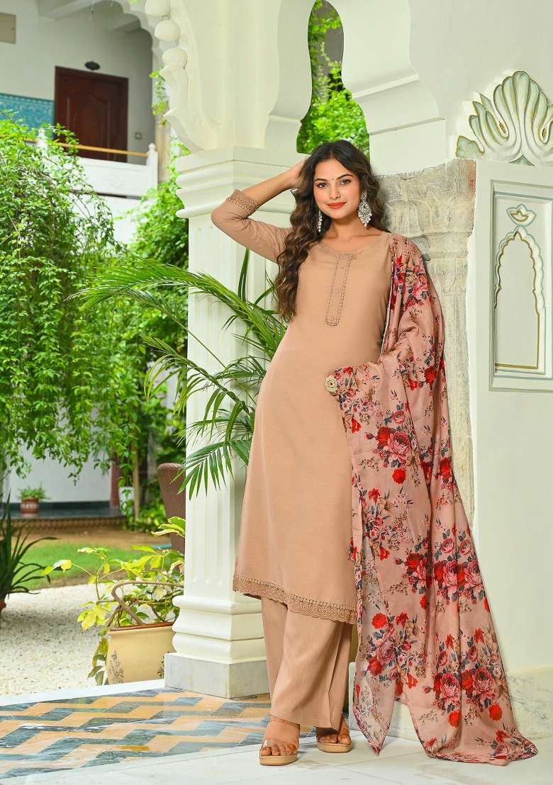 Beige Plain Cotton Kurta Set - Indya