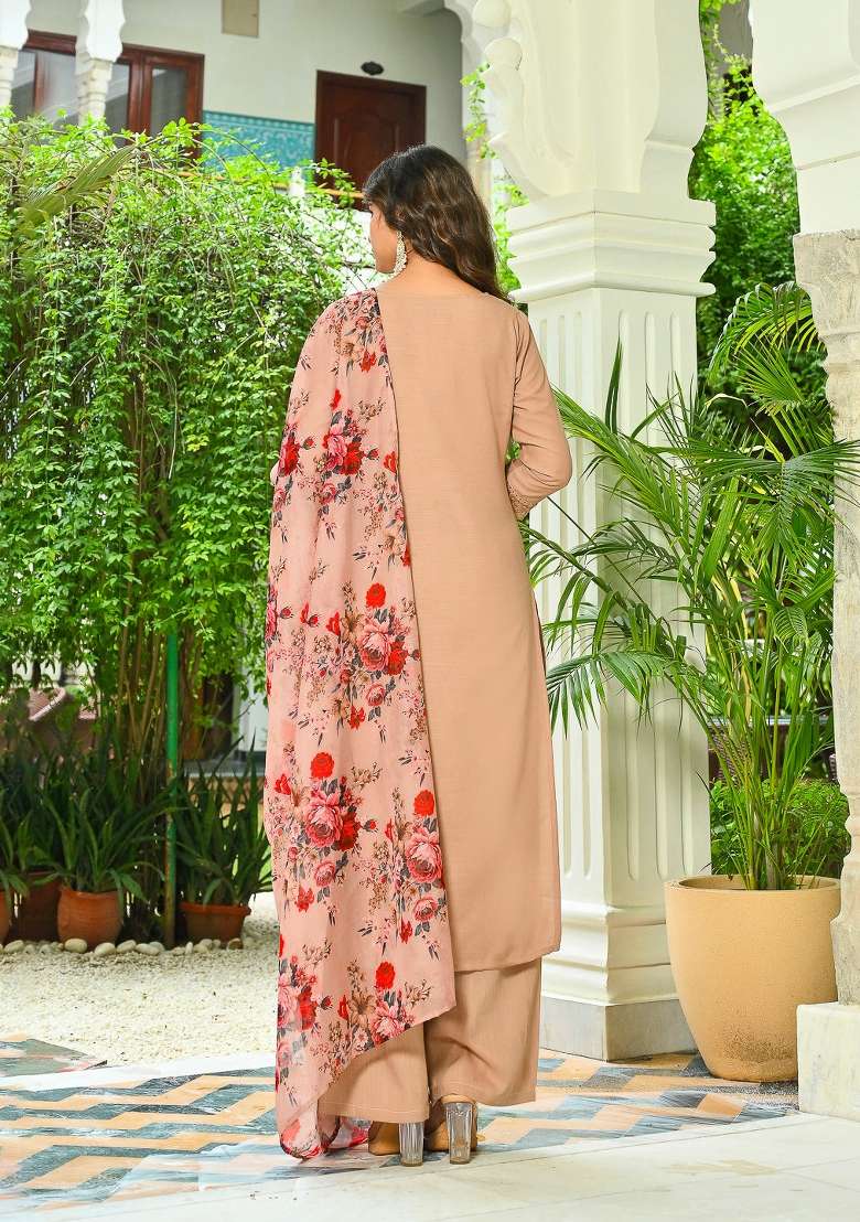 Beige Plain Cotton Kurta Set - Indya