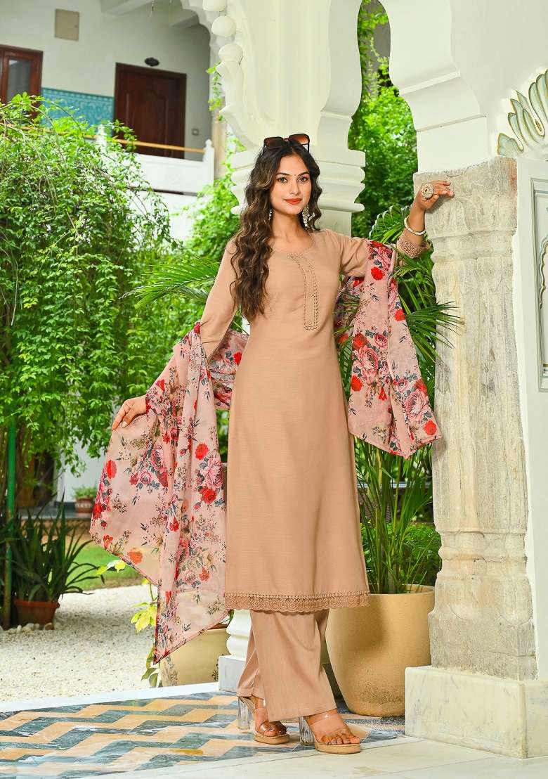 Beige Plain Cotton Kurta Set - Indya