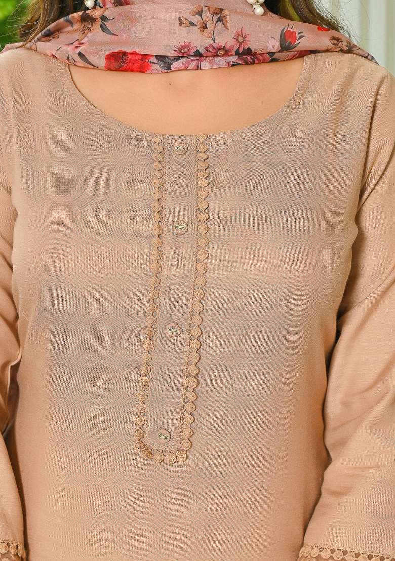 Beige Plain Cotton Kurta Set - Indya