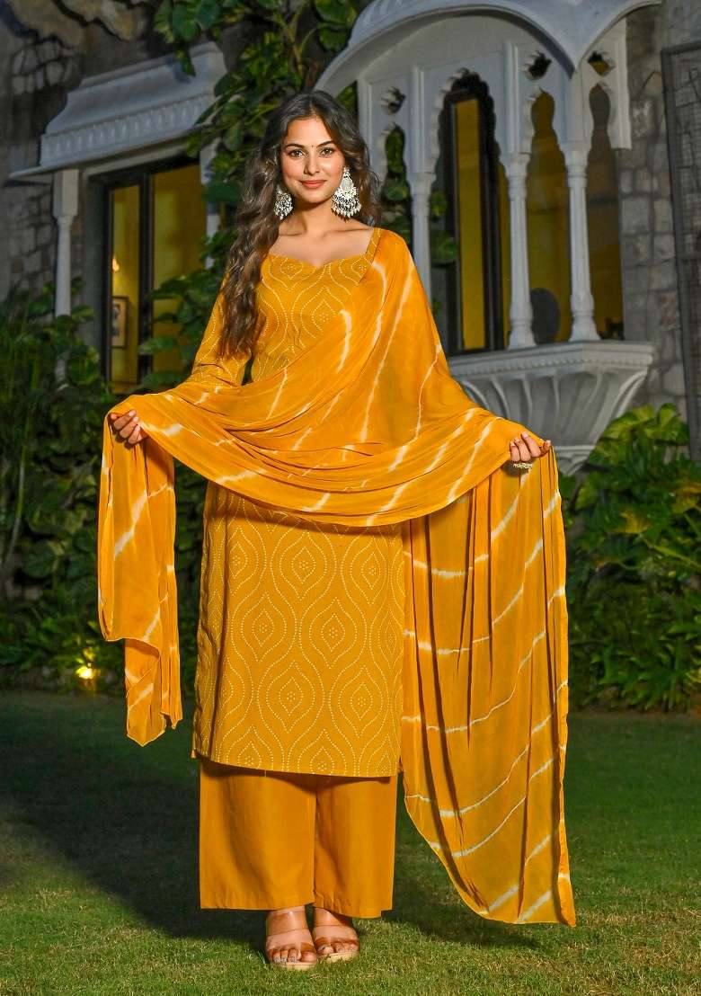 Yellow Printed Cotton Kurta Set - Indya