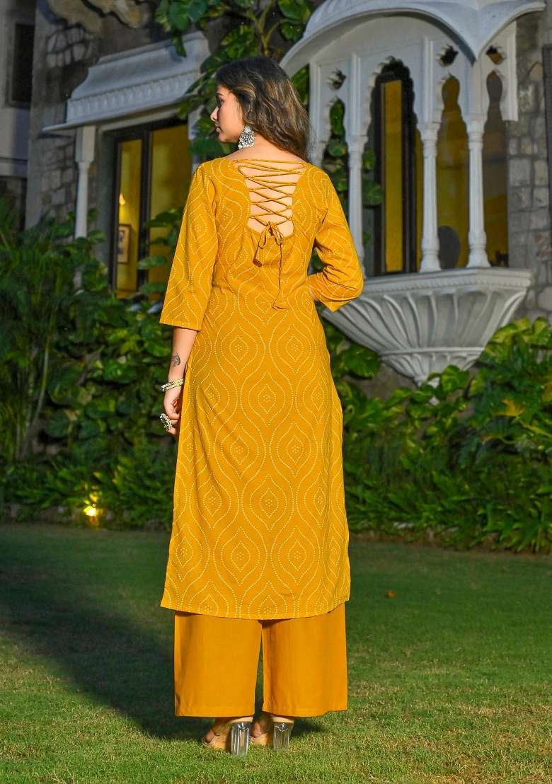 Yellow Printed Cotton Kurta Set - Indya
