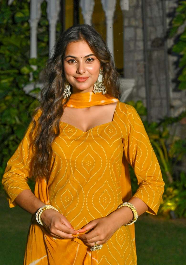 Yellow Printed Cotton Kurta Set - Indya