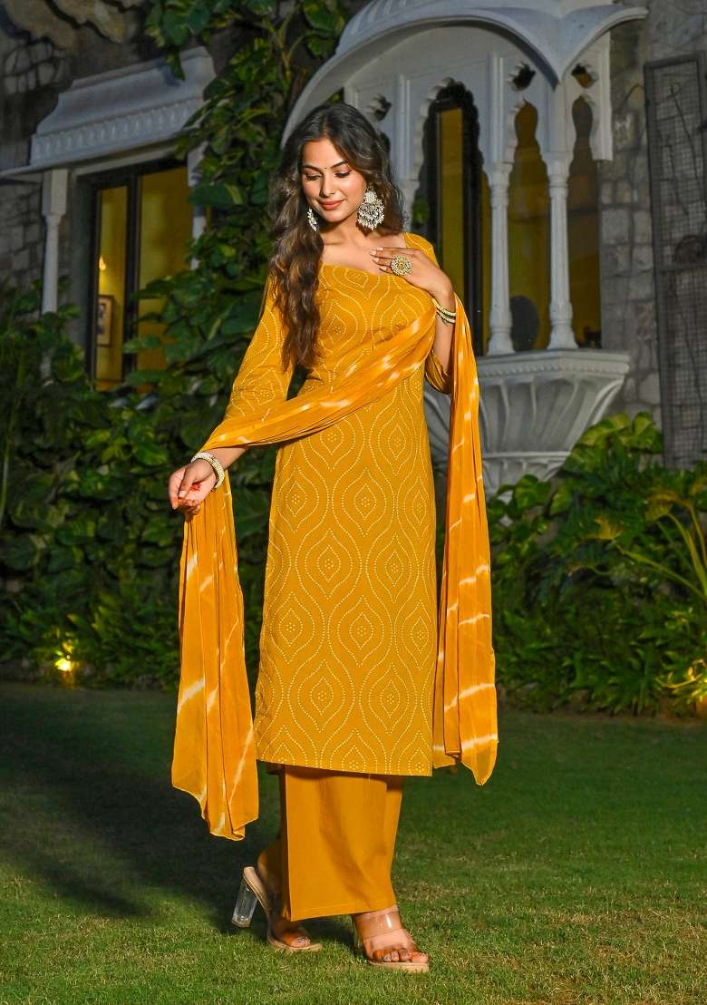 Yellow Printed Cotton Kurta Set - Indya
