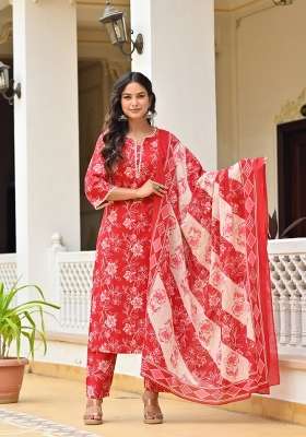 Red Printed Cotton Kurta Set