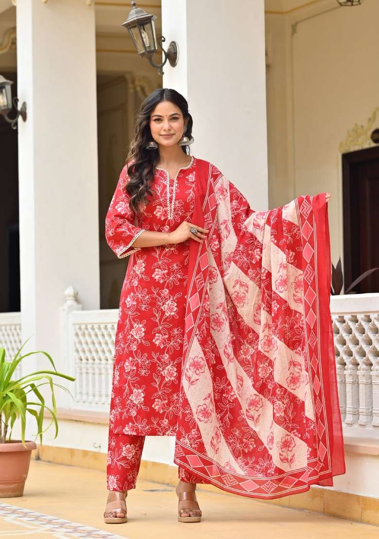 Red Printed Cotton Kurta Set - Indya