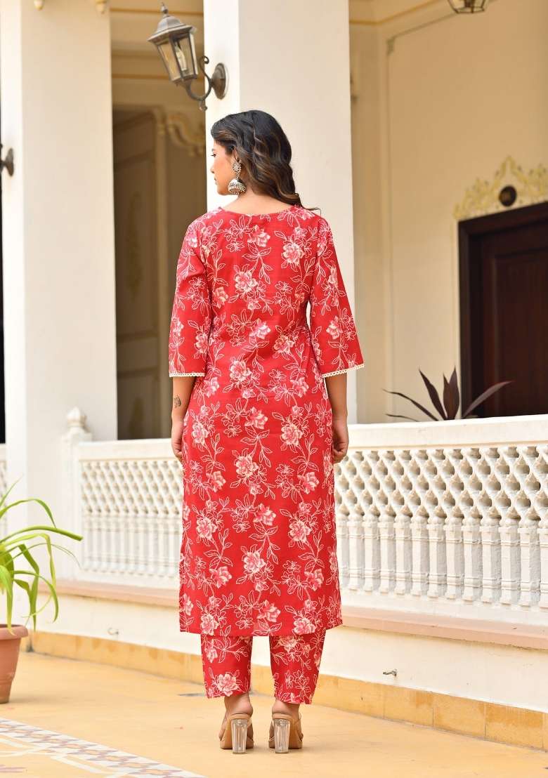 Red Printed Cotton Kurta Set - Indya