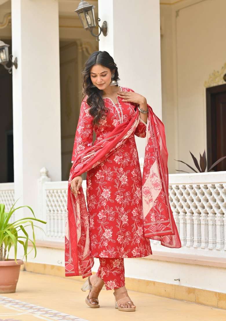 Red Printed Cotton Kurta Set - Indya
