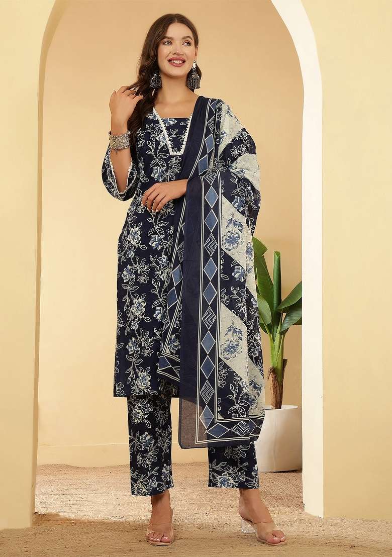 Navy Blue Printed Cotton Kurta Set - Indya