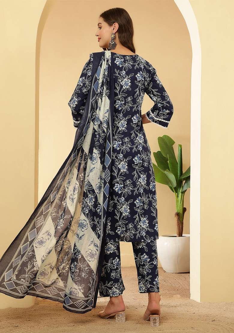 Navy Blue Printed Cotton Kurta Set - Indya