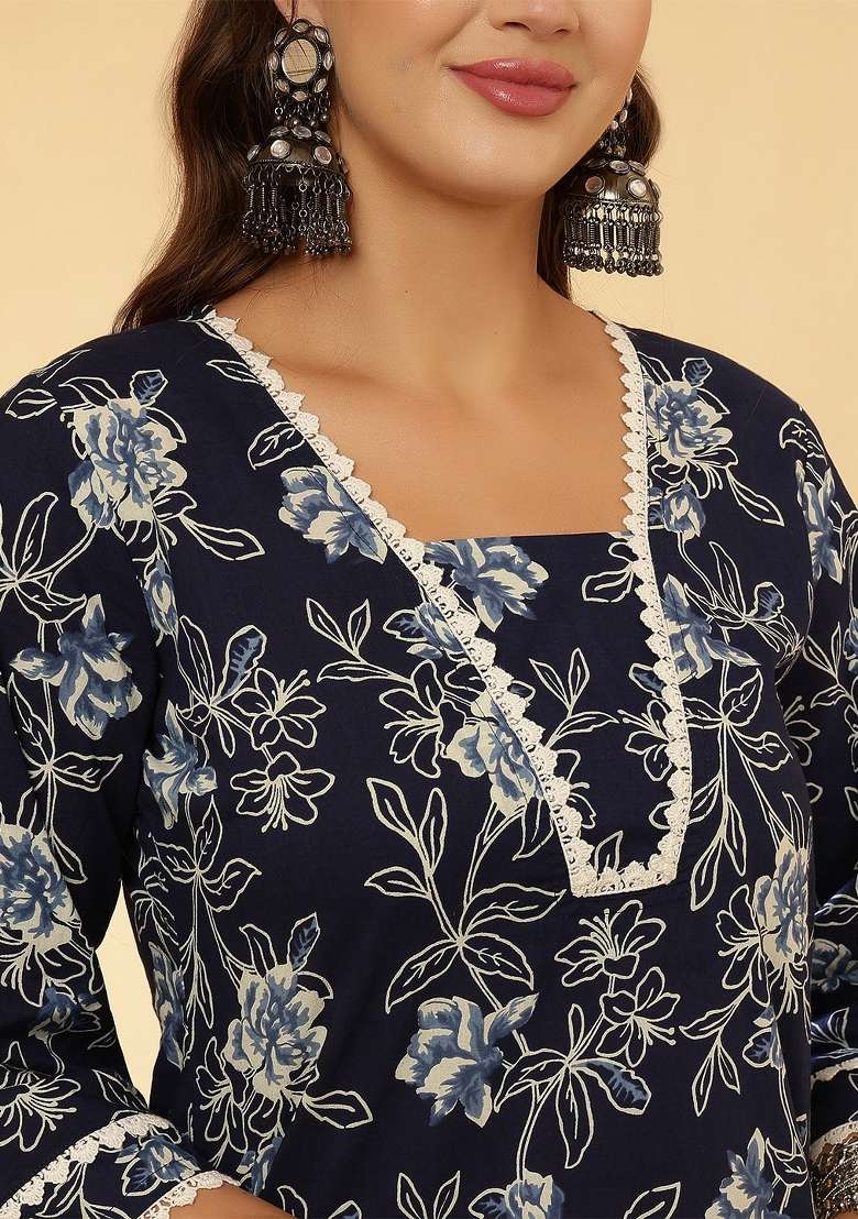 Navy Blue Printed Cotton Kurta Set - Indya